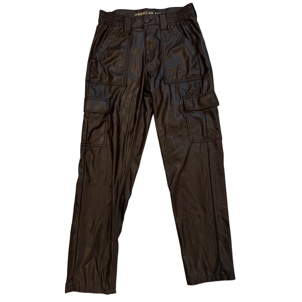 American Eagle Vegan Leather Cargo Pants Brown Straight Leg Women's 8 Long Y2K - Picture 2 of 16